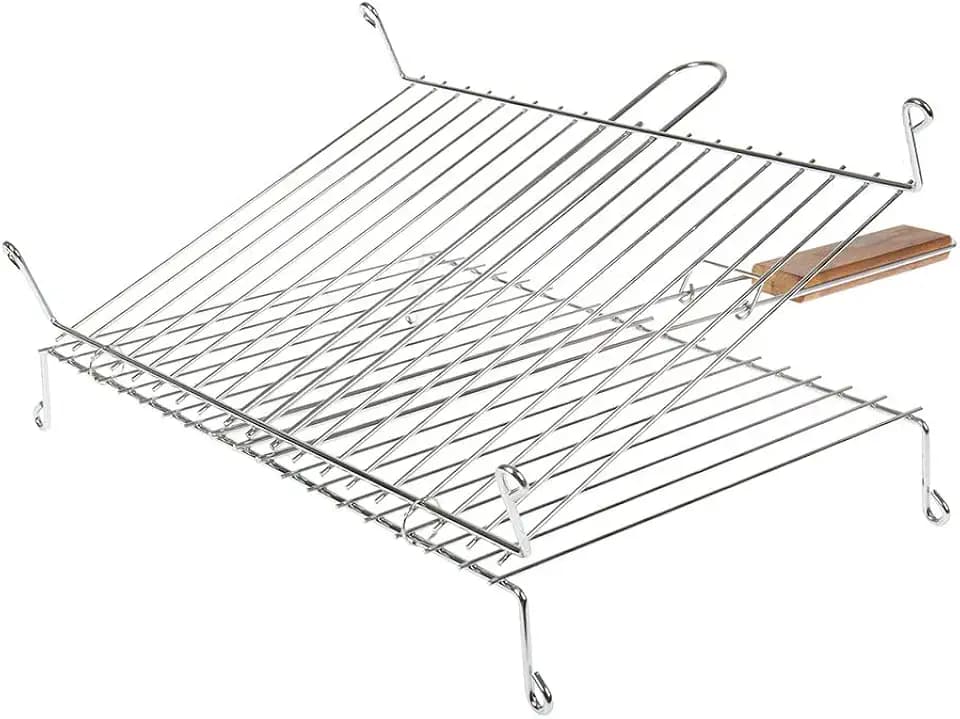 ruecab 1086 Grillguthalter Doppel auf Füße Edelstahl Griff Holz silber 30x40cm Grillfläche