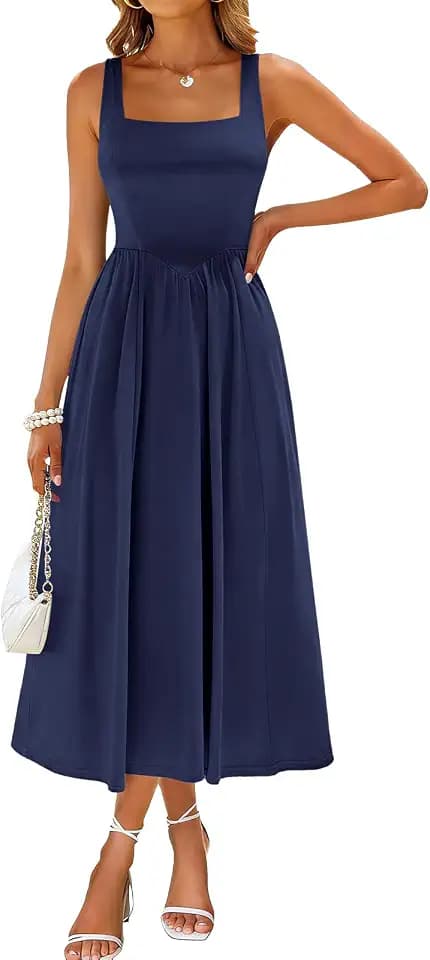 Sureple Midi Dresses for Women 2026 Spring Square Neck Tank Sleeveless A Line Casual Summer Sundresses with Pockets