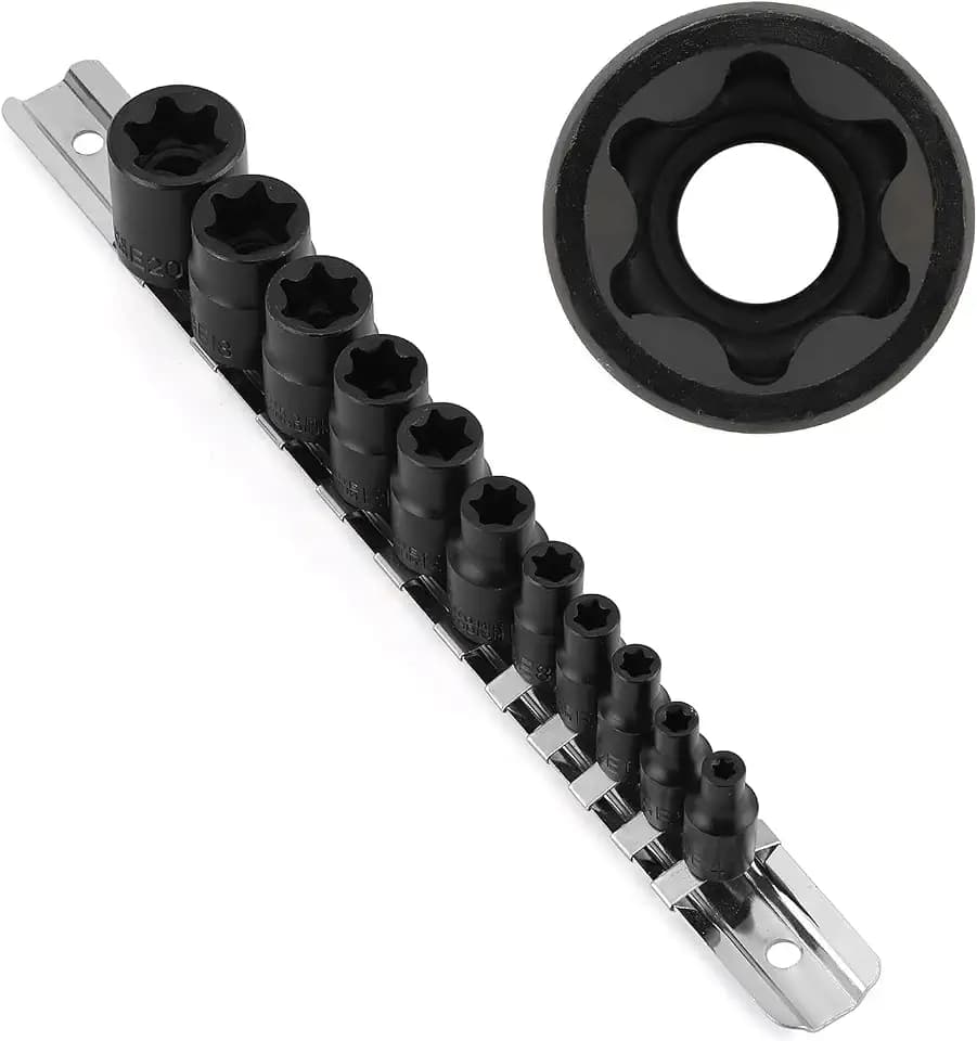 CASOMAN 11PCS Female Torx Socket Set, E Torx & Star Socket Set with Rail, E4 - E20 Torque Sockets