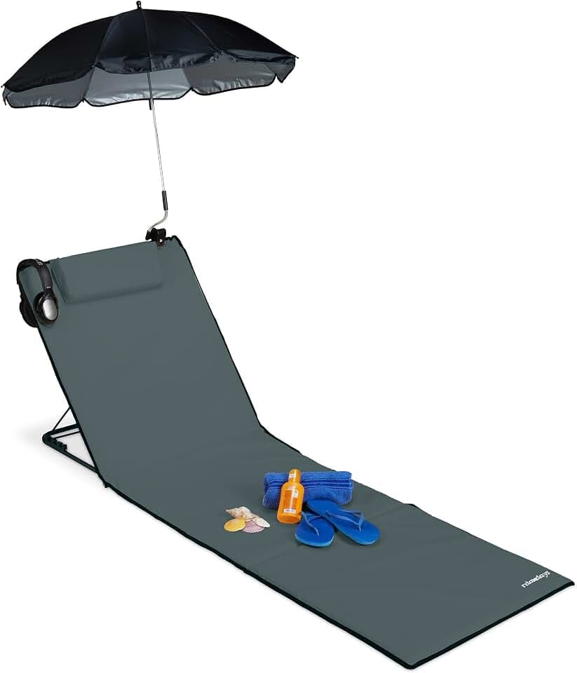 Relaxdays Strandmatte, Fach auf der Rückseite, Transporttasche, anthrazit