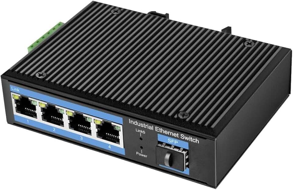 LogiLink Industrie Gigabit Ethernet Switch, 4-Port 1000 Mbit/s + 1-Port SFP (für Glasfaser Backbone)