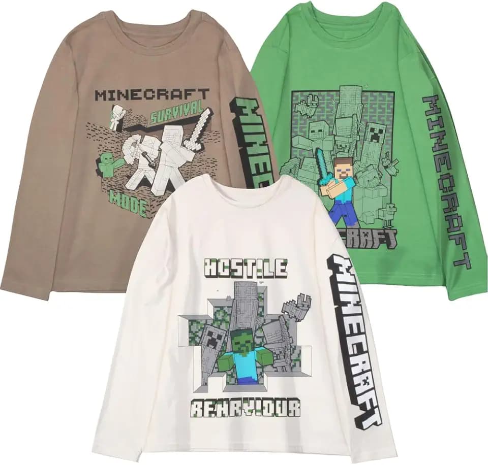 Minecraft Boy's T-Shirt 3-Pack - Long Sleeve, Graphic Print, Soft Cotton, Gaming Tees for Kids