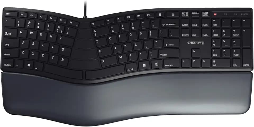 CHERRY KC 4500 Ergo, Ergonomische Tastatur, Spanisches Layout (QWERTY), Kabelgebunden, Handballenauflage mit Memory-Schaum, Geschwungenes Tastenfeld, Schwarz