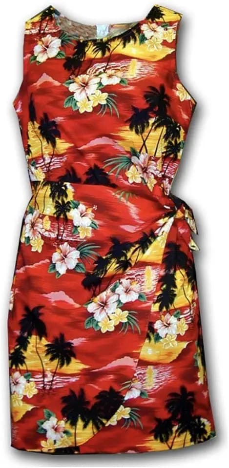 Pacific Legend Sunset Palm Hawaiian Dress - Womens Hawaiian Dress - Aloha Dress - Hawaiian Clothing - 100% Cotton Red 2XL