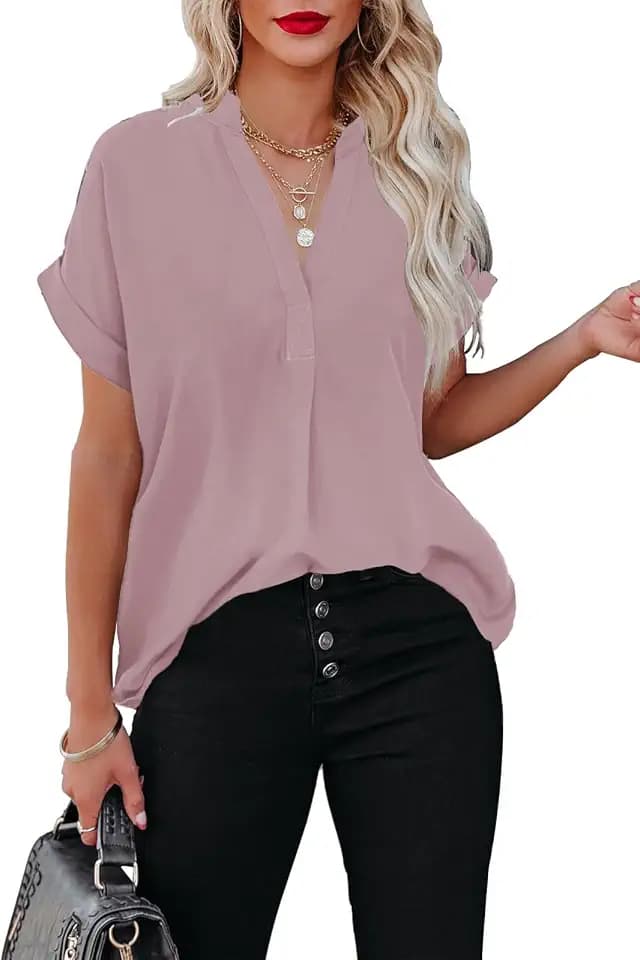 ANCAPELION Women’s Summer Chiffon Blouse Casual Short Sleeve V Neck Shirt Loose Printed Cuffed Sleeve Tunic Tops for Women