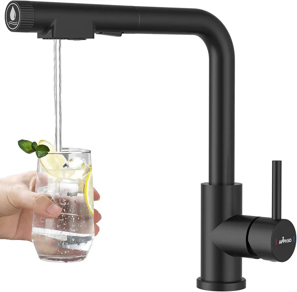 APPASO 3 wege wasserhahn küche Schwarz, küchenarmatur mit ausziehbarer Brause und integriertem Wasserfilter, 3 in 1 Wasserhahn mit 2 Strahlarten 360° Drehbar, 3 Way Faucet Edelstahl Schwarz