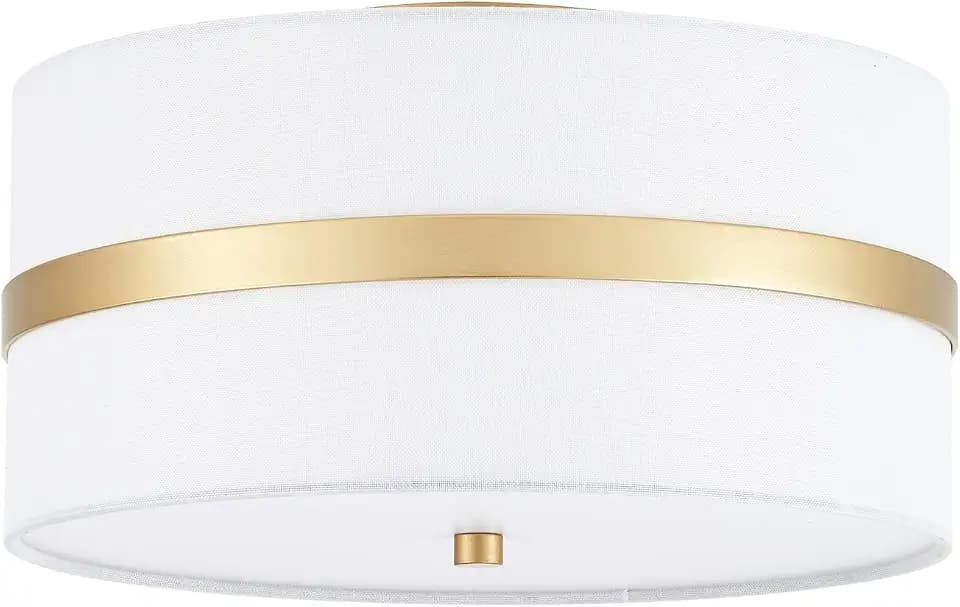 Semi Flush Mount Ceiling Light Fixture, Thin Pale Gold Brush Paint Finish Modern Ceiling Lamp with Cream White Fabric Drum Shade for Nursery Kids Room Bedroom Kitchen Hallway Entryway 3-Light