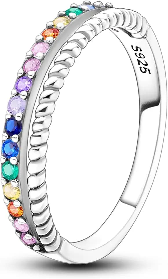 Hapour 925 Sterling Silber Ring Regenbogen-Zirkonia & personalisierte Stacking Ringe für Frauen