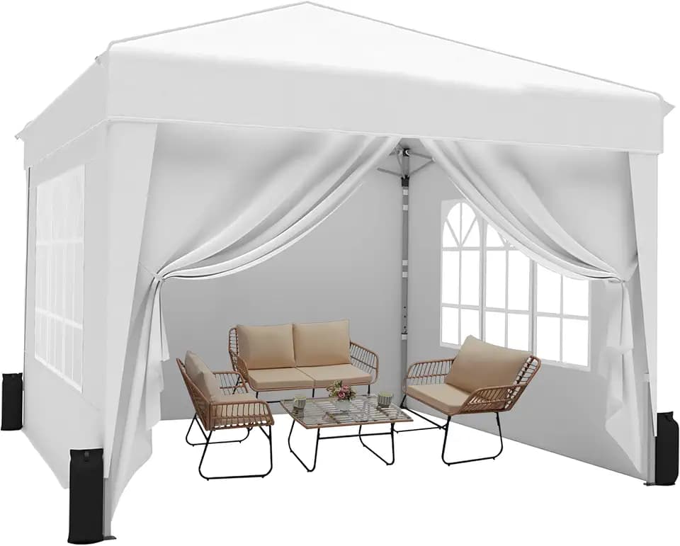 SANWAY 10x10 Pop Up Canopy with Sidewalls x 4 – Easy Setup Canopy Tent, Waterproof, UV-Resistant, Portable with Carry Bag for Outdoor Events, Camping, and Backyard Parties – White