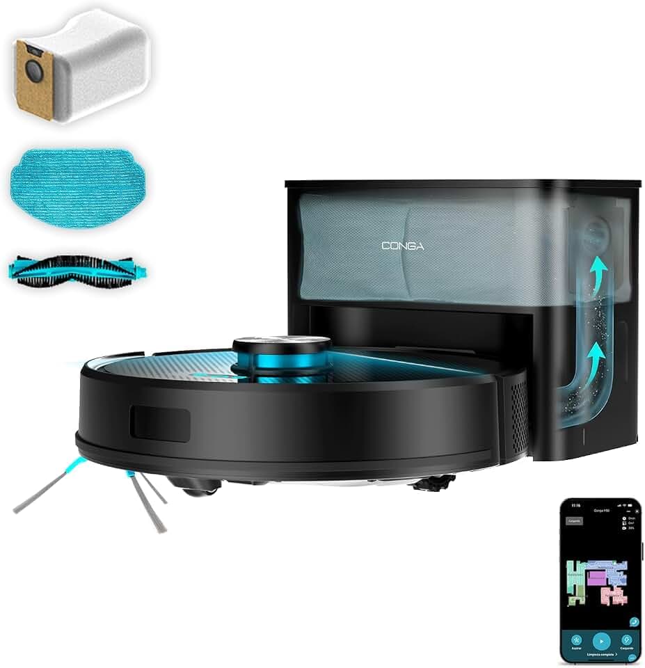 Cecotec Saugroboter Conga Y50 X-Treme Neo. Laser-Navigation, Absaugstation, 5000 Pa, 12 Wochen Unabhängigkeit, Multifunktionsbürste, App-Steuerung, 3200 mAh Akku, Bluetooth, WiFi, Total Surface