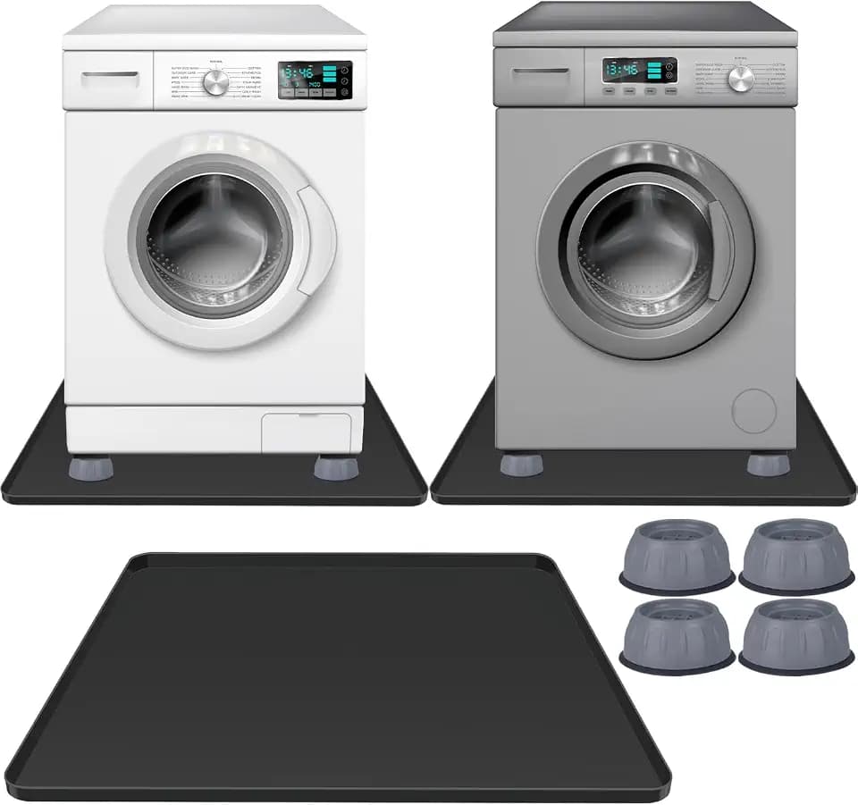 Large Washing Machine Drain Pan 33"x30" with 4 Anti-Vibration Foot Pads Washer Tray,Non-Slip, Waterproof, Laundry Appliance Floor protection Set Noise Reduction Leak Prevention -Soft Silicone Mat
