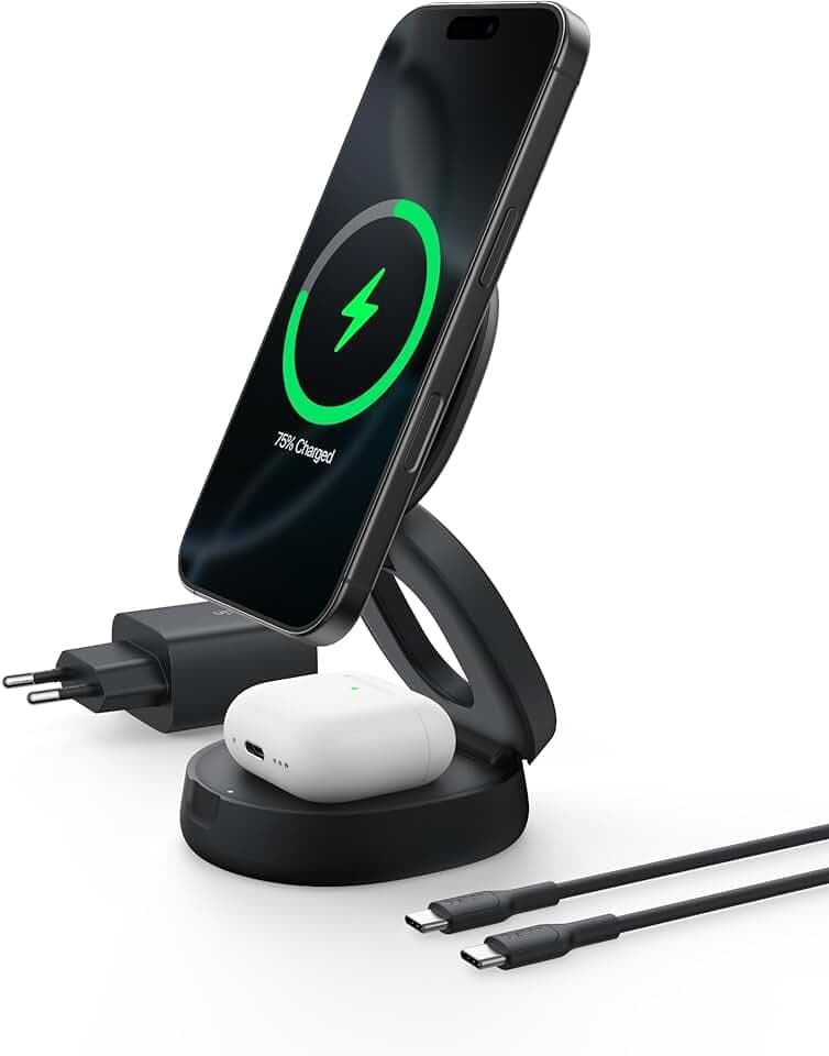 Belkin BoostCharge 2-in-1 Induktive Ladestation mit Qi2, 15W, MagSafe-kompatibles Ladegerät, Kabellose, Kompakte, Verstellbare, für iPhone 17, Air, Pixelsnap, AirPods, inkl. 30-W-Netzteil - Schwarz