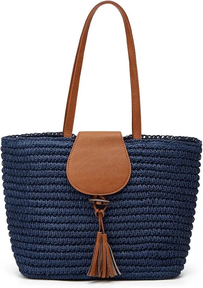 Summer Hand-woven Straw Shoulder Bags for Women Large Woven Beach Tote Purse Vacation Top Handle Handbags with Tassel