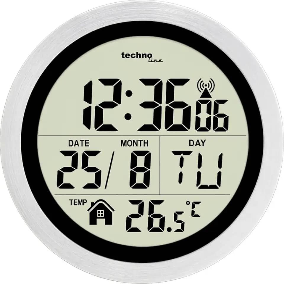 Technoline WT 3005 Funk-Baduhr mit DCF77 Funkuhr | Temperaturanzeige | Datum & Wochentag | IP24 Spritzwasserschutz | Badezimmeruhr mit Saugnäpfen | Wandaufhängung & Tischaufstellung | Ø 14,7 cm