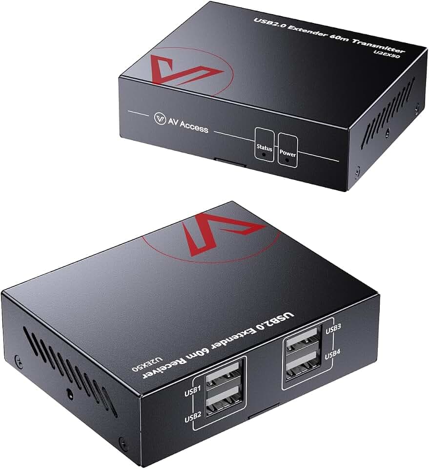 AV Access USB Extender,USB Over Ethernet Rj45 über Cat5e/6/6a/7 Bis zu 60m, 4 Port USB2.0 für Tastatur/Maus/Gamepad, Two Webcam Work Sync, Supports Windows, MacOS, Android, Linux, No Driver(U2EX50)