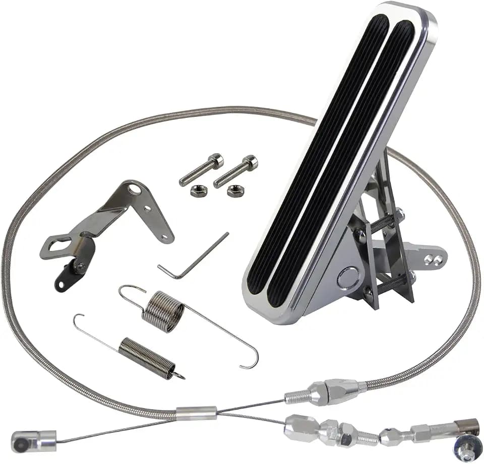 Universal Billet Floor Mount Aluminum Gas Pedal and 24" Stainless Steel Throttle Cable with Bracket Spring Set Hot Rod for Chevy Ford Hot Rods Silver