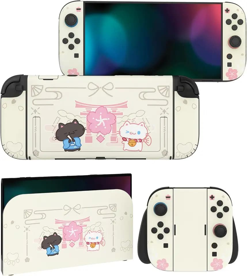 PlayVital Komplettschutz Folien-Set für Nintendo Switch 2 Konsole &für JoyCon, Individuell Vinyl-Aufkleber Grips Skin Zubehör für Nintendo Switch 2, Dock & Handgriffe-Kirschblüten-Kätzchen, Gelb