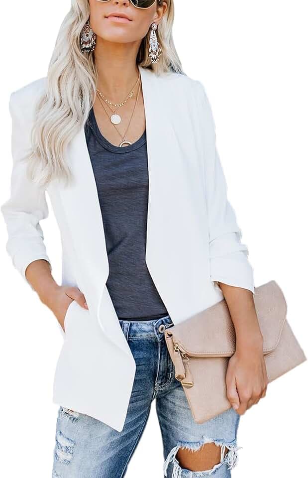 Damen-Blazer mit langen Ärmeln, Slim Fit, elegant offen, vorne an den Jacken, einfarbig, Weiß