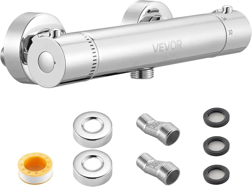 VEVOR Duscharmatur mit Thermostat Duschthermostat mit 38 °C Sicherheitsschloss, Duschhahnventil Badewannenarmatur, Temperaturregelventile aus Messing für Badezimmer Hotel Wohnmobil auslaufsicher