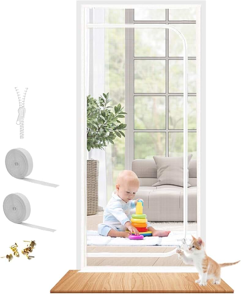Reinforced Cat Screen Door Fits Door Size 36''x 80'', Heavy Duty Pets Proof Screen Mesh with Zipper, Prevent Dogs Cats Running Out from Home (White)