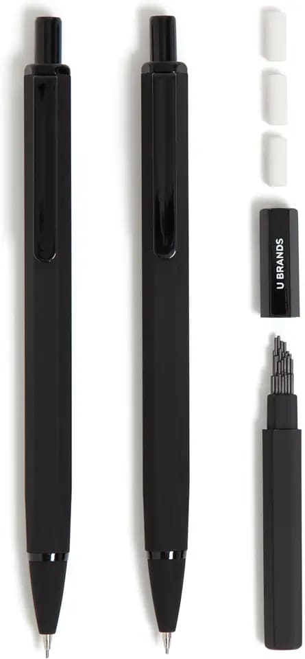U Brands Mechanical Pencils, .7mm HB #2 Lead, 2 Pack with Refills, Black