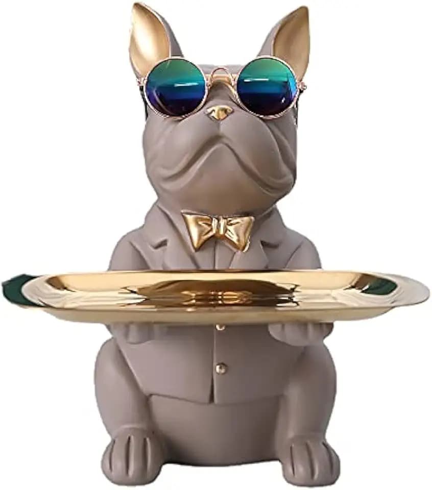 24cm Französische Bulldogge mit Tablett Deko Skulptur, Schlüsselablage Flur | Schlüsselschale Modern Schwarz, Deko Figuren Wohnzimmer, Hundefigur Deko, Aufbewahrung für Flurdeko und Wohnzimmer