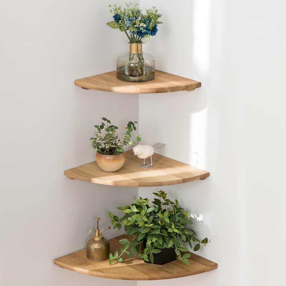 Gieanoo Eckregal Hängeregal, 3er-Set Eiche Massivholz Eckregal runde Enden Wandregal Holz Vintage Landhausstil Regal für Schlafzimmer 22/25/30cm
