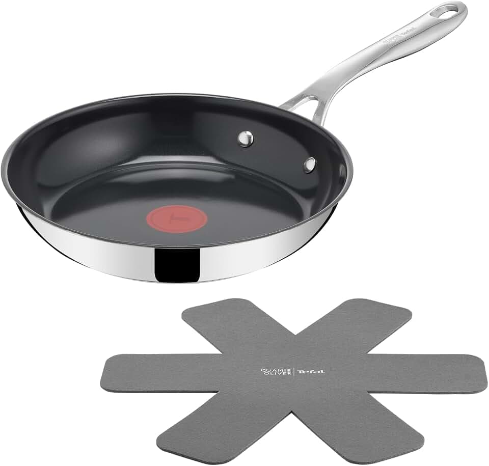 Jamie Oliver by TEFAL Direct Cook Bratpfanne 24 cm, inkl. Pfannenschoner, antihaftbeschichtete Keramikoberfläche, langlebige Versiegelung,Thermo-Signal, für alle Herdarten, Edelstahl, H880S234