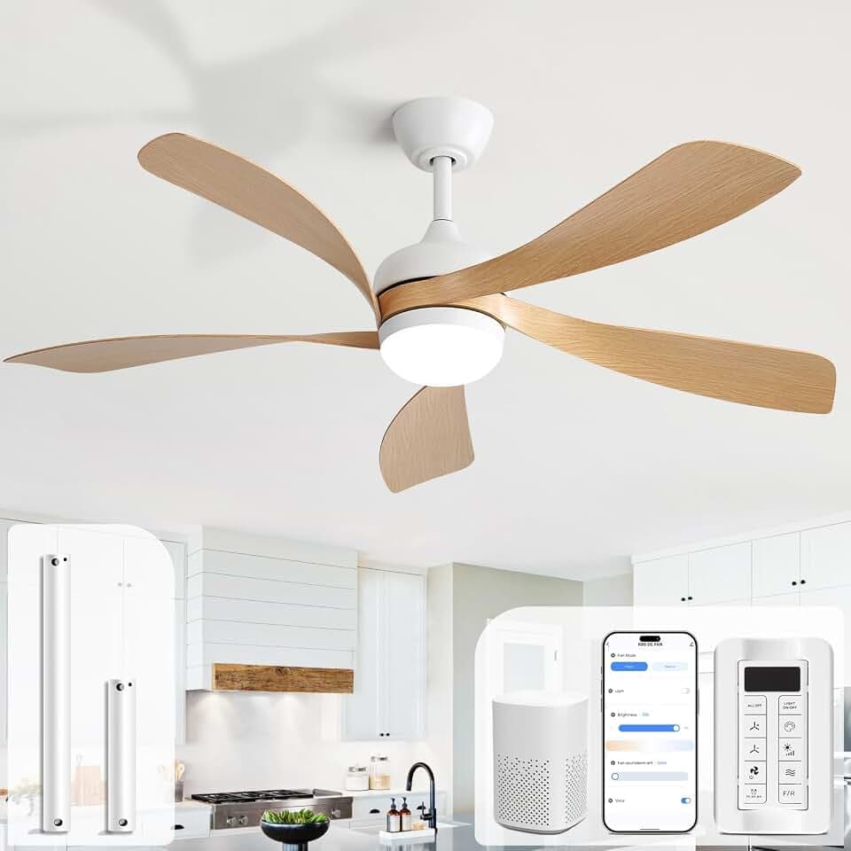 Sofucor 52 Inch Smart Ceiling Fan with Light, Modern Ceiling Fan with Dimmable Memory LED, Compatible with Alexa/Google/App, 6 Speeds 5000CFM, Timer Quiet Reversible DC Motor, 5 Plastic+ABS Blades