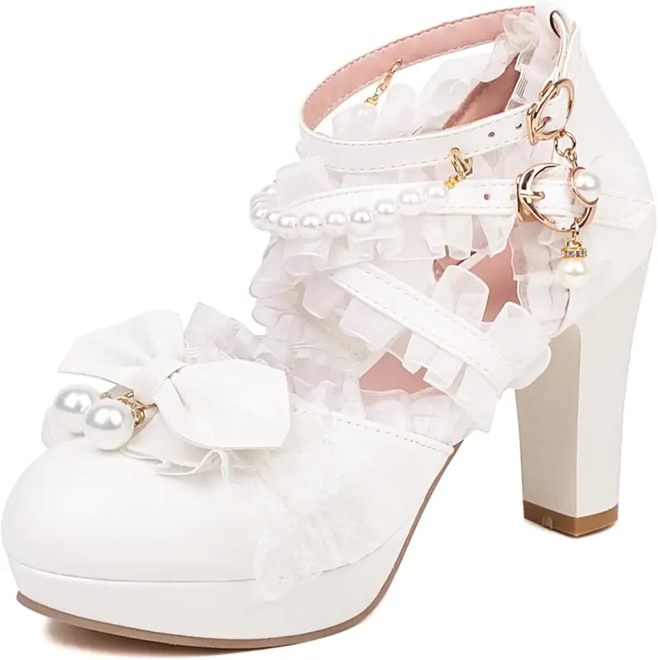 FOREADA Lolita Shoes Platform Mary Jane Heels Kawaii Bow Lace Pearl Pumps