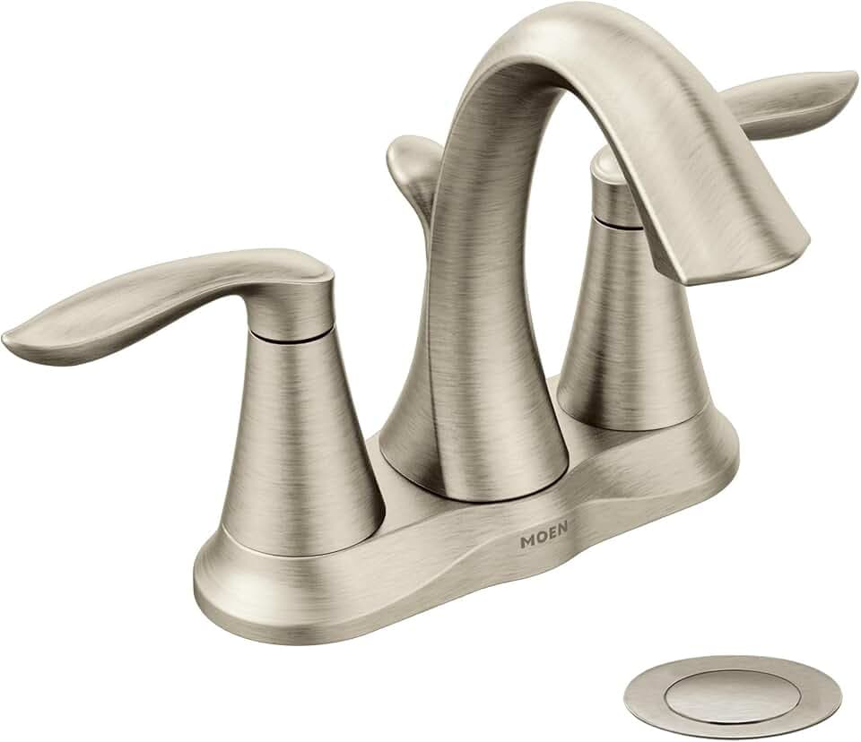 Moen Eva Brushed Nickel Two-Handle 4-Inch Centerset Bathroom Faucet with Drain Assembly, Bathroom Faucets for Sink 3-Hole, 6410BN
