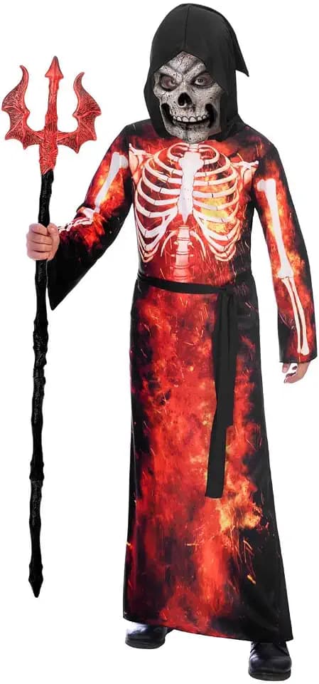 Amscan - Kinderkostüm Teuflisches Skelett, Robe mit Kapuze, Gesichtsmaske, Stoffgürtel, Teufel, Sensenmann, Mottoparty, Karneval, Halloween, 6-8 Jahre