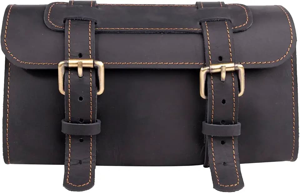 M RUFOUS Vintage Leather Motorcycle Saddle Bag with Brass Buckle - Black, Premium Handcrafted Tool Organizer Pannier Bag for Motorcycle, Scooter, Riding Accessories (Free Waterproof Cover)