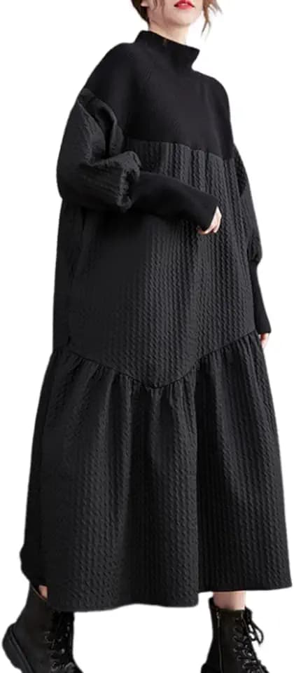 ellazhu Women's Oversized Turtleneck Patchwork Pullover A line Funky Ruffle Hem Dress GZ05