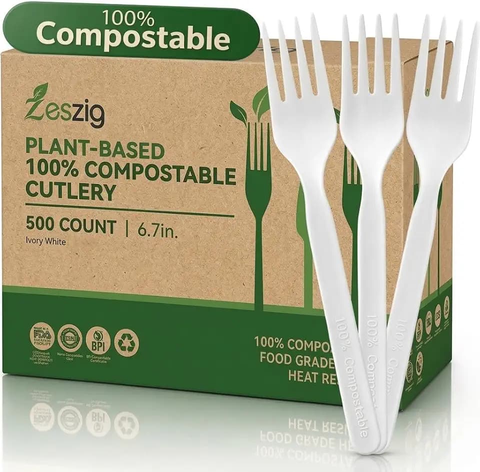 100% Compostable Forks 500 Pack, 6.7" Heavy Duty Plant-Based CPLA Utensils, BPI Certified Biodegradable Disposable Plastic Forks Alternative, Heat Resistant 212°F Flatware for Parties & Camping