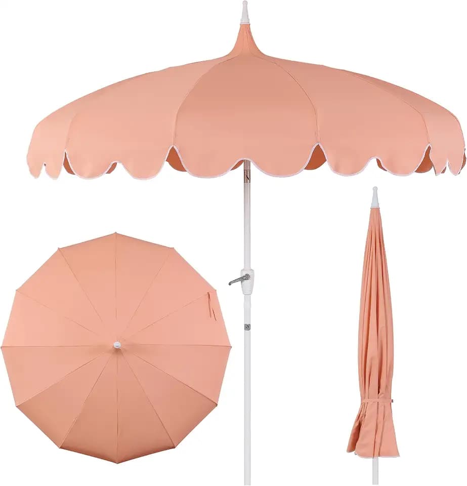 JONATHAN Y Maren 8' Aluminum and Steel Pagoda Patio Umbrella with Scalloped Lotus Trim, Coastal Round Market Parasol with Auto-Tilt Crank and UV Protection
