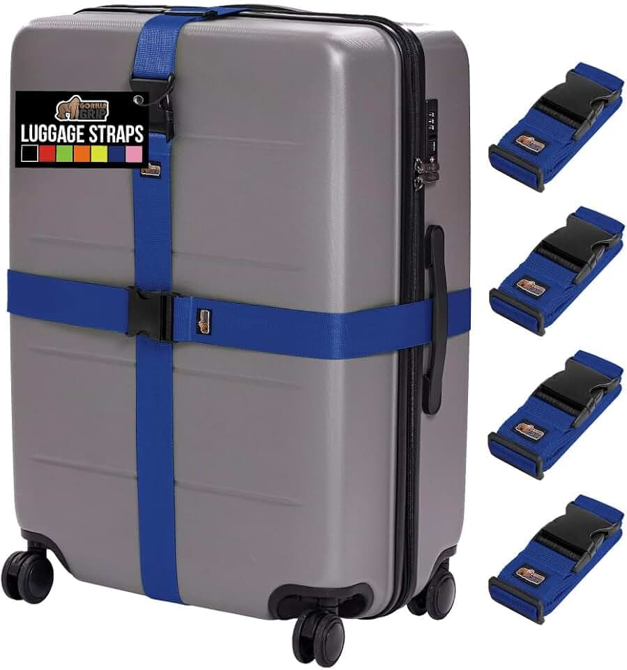 GORILLA GRIP Heavy Duty Luggage Straps for Suitcase, 4 Pack, Blue