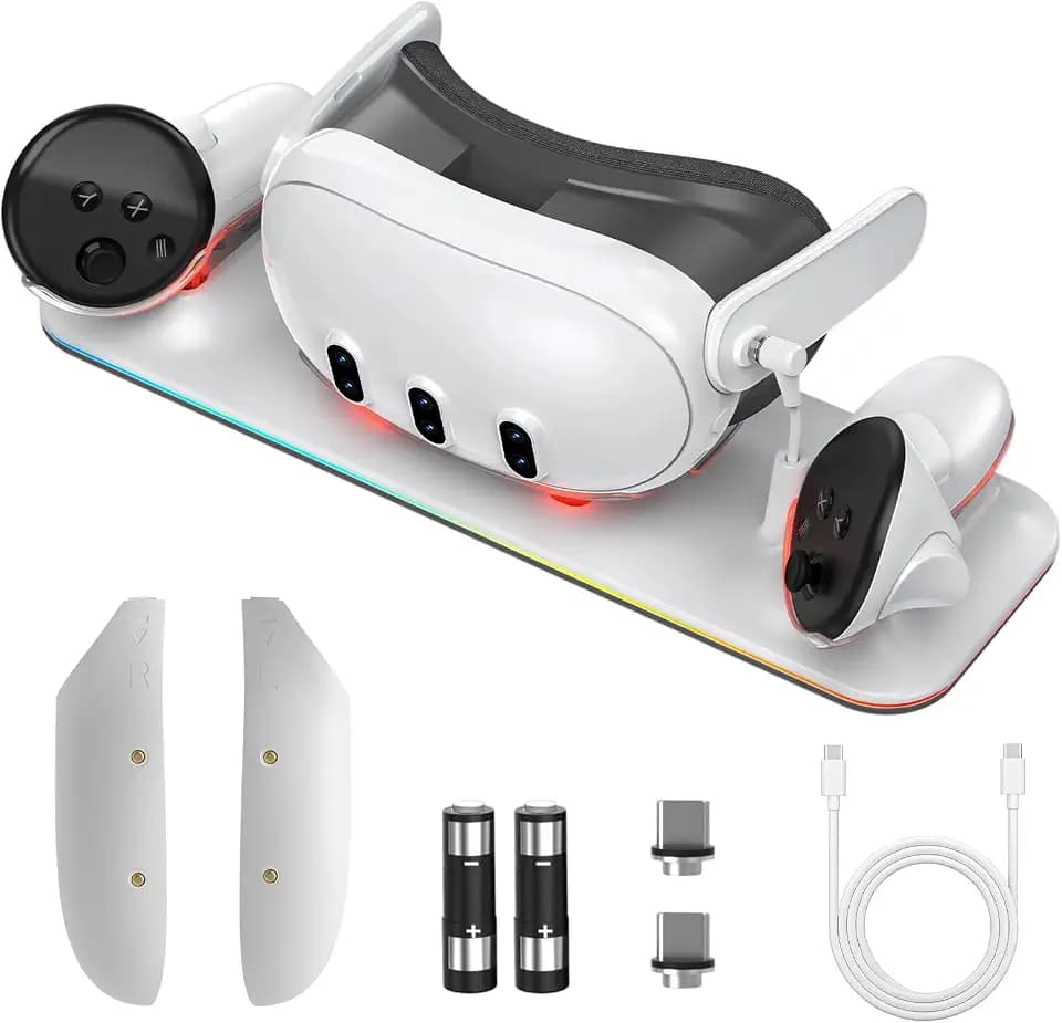 Ladestation kompatibel mit Meta Quest 3 Oculus Headset und kompatibel mit Meta Quest3 VR-Brille mit RGB-Licht, magnetische Kontakt-Ladestation mit 2 wiederaufladbaren Batterien, RGB-Licht