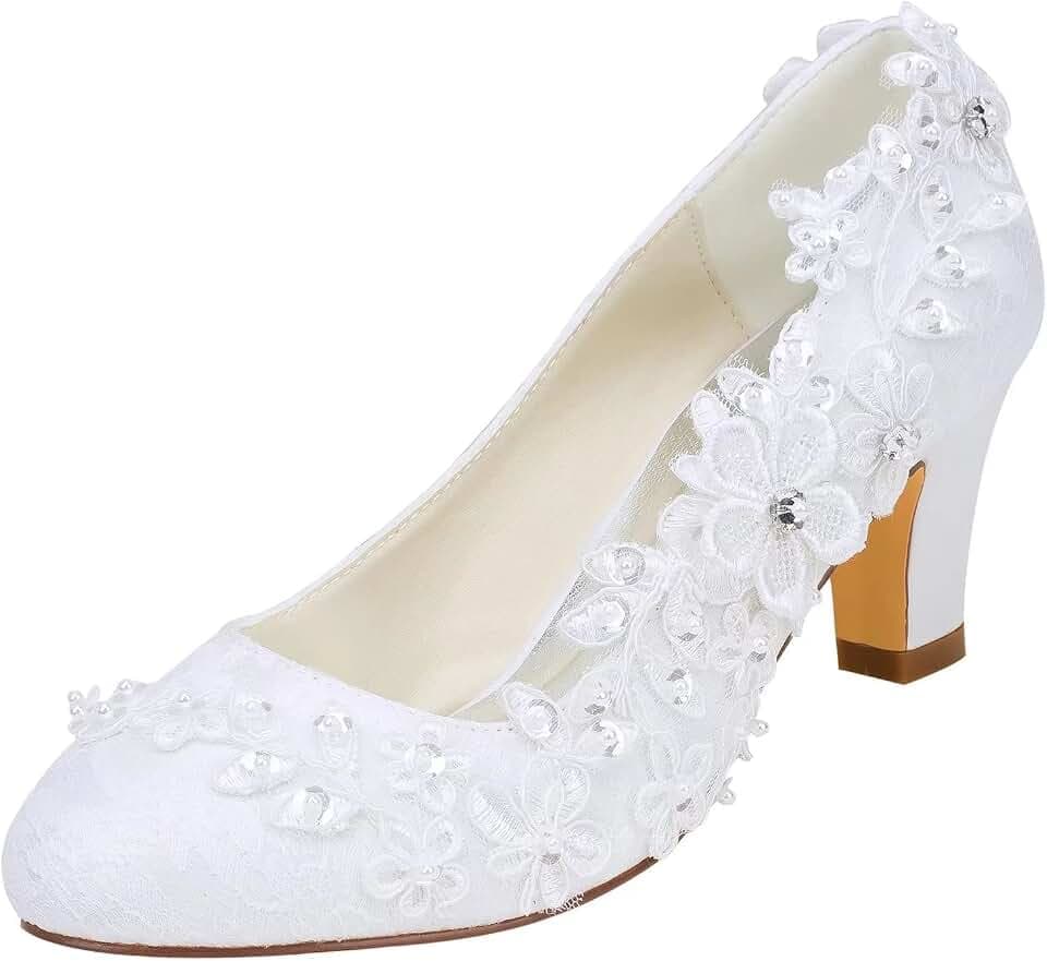 Brautschuhe Frauen Seide wie Satin Stämmiger Absatz Absatzschuhe mit Stich Spitzen Blume Kristall Perle