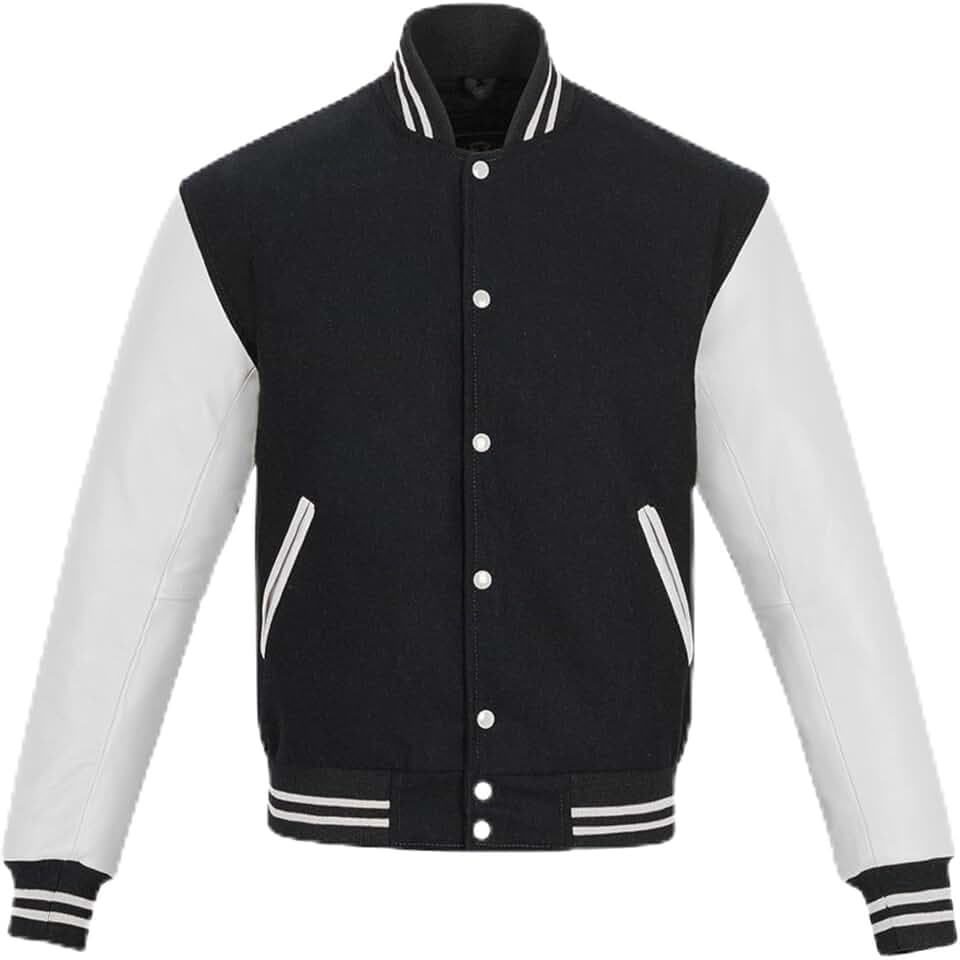 Herren-Unijacken mit Wollkörper und Lederärmeln, klassische Retro-Letterman-Motorrad-Bomberjacke im Streifenstil, Herren-Unijacke, Wollkörper und Lederärmel