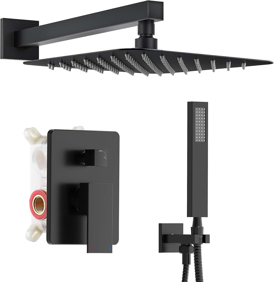 Alesco Shower System, Black Shower Faucet Set with 10-Inch High-Pressure Rainfall Showerheads and Handheld Spray combo, Showerfixture Include Valve and Trim Kit, Matte Black