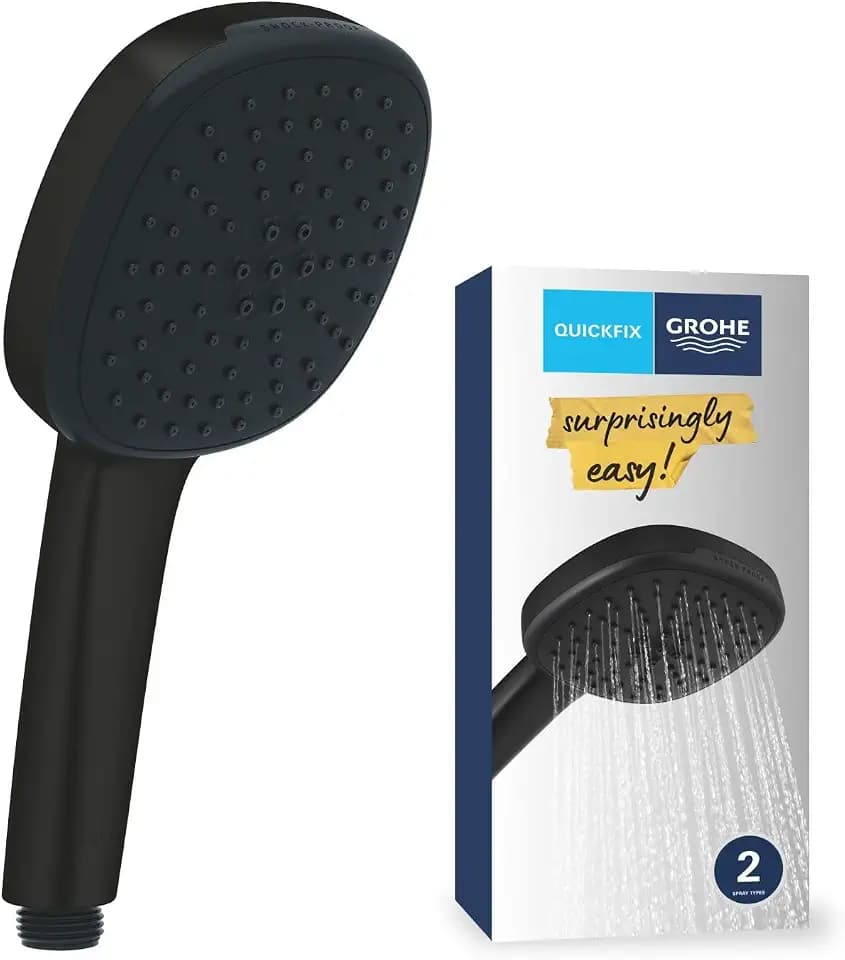 GROHE Vitalio Comfort 110 QuickFix – Handbrause für Niederdruck (eckig 11cm Duschkopf 2 Sprühstöße: Regen & Strahl, Antikalk-System, Silikonring, Universal-Montagesystem), Mattschwarz, 269272434