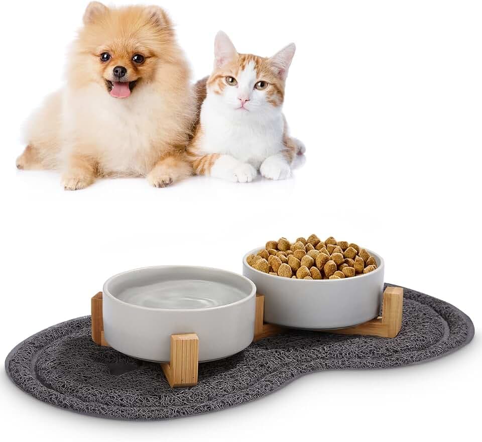 Futternapf Hund Keramik Futternapf Katze Doppelt Futternapf für Hunde und Katze mit Bambus Ständer und Rutschfester Unterlage (400ml, 2-Grau)