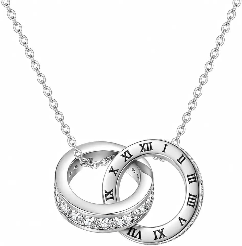 Minimalist Interlocking Heart & Roman Numeral Pendant Necklace