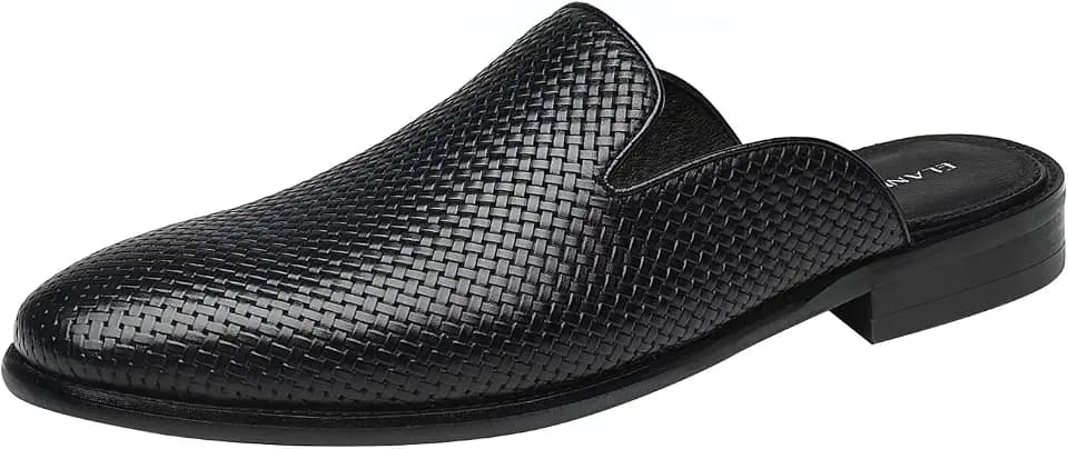 ELANROMAN Men's Backless Loafers Black Genuine Leather Mules Slippers Slip on Shoes
