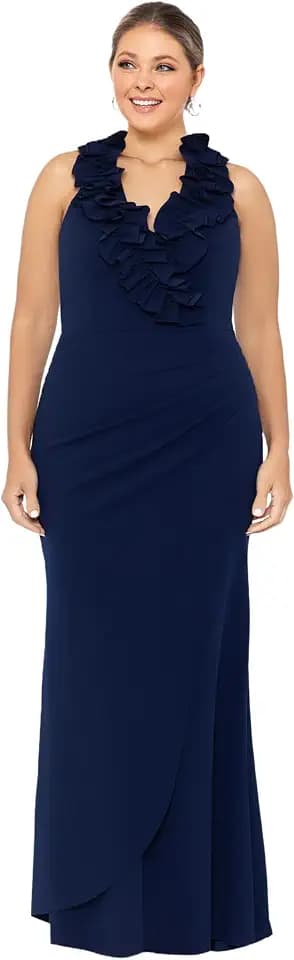 Xscape Women's Xscape Women's Floor-Length, Sleeveless, V-Neck, with Ruffled Neckline, Draped Detail, and Fitted Silhouette