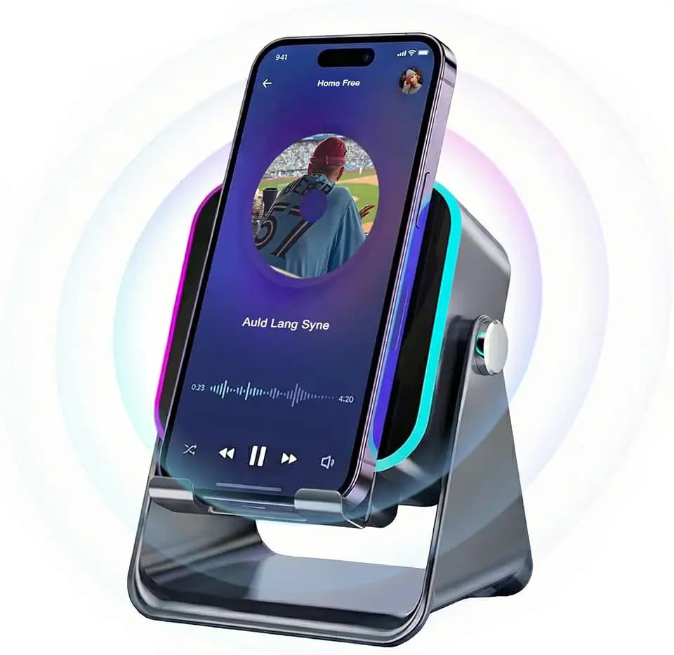 5-in-1 Bluetooth Speaker with Wireless Induction & Phone Holder, 5000mAh Battery, RGB Ambient Light, 360°Rotation, Hi-Fi Sound, Fast Bluetooth 5.3, Compatible with Smartphones / Tablets (Black)