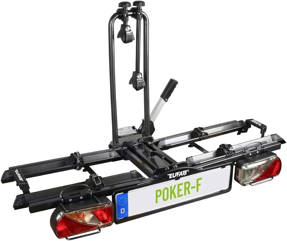 EUFAB 12010LAS Fahrradträger POKER-F, E-Bike geeignet, komplett vormontiert, Diebstahlschutz, für 2 Fahrräder, für Anhängerkupplung, Schwarz, 142 x 70 x 58 cm