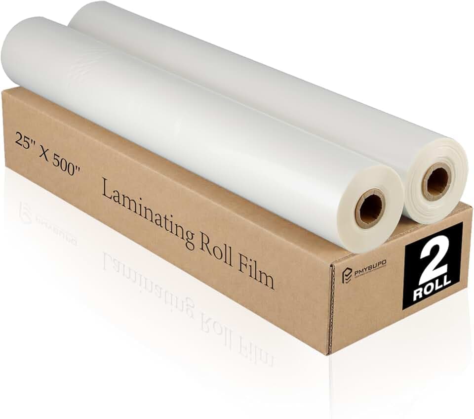pmybupo Thermal Laminating Film Roll,2 Pack,1 Inch Core 1.5 Mil Thermal Roll Laminating Film,25" x 500'Laminate Rolls,Clear,Gloss Finish,School Lamination.