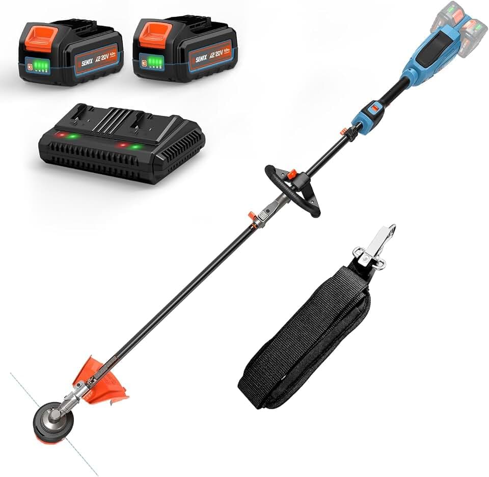 SENIX X2 40V 14" Weed Wacker - (PHX2-M) Multi-Head System Power Head + (AGT006) String Trimmer Attachment Kit, Variable Speed, Brushless, with Shoulder Strap, (2) 4.0Ah Batteries & 6A Charger